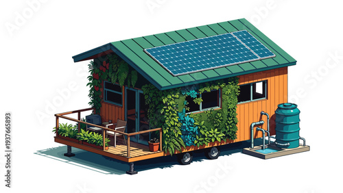Isometric tiny house on wheels with solar panels and green plants