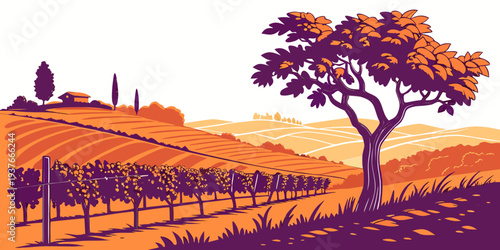 A tree stands in a vineyard on a hillside Vector
