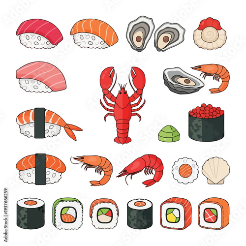 Variety of sushi and seafood on a white background