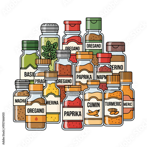 Spice Bottles with Various Herbs and Seasonings on White Background