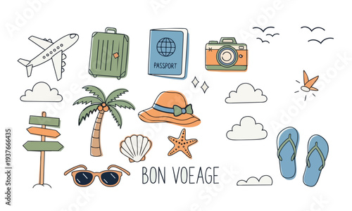 Travel and Vacation Doodle Icon Set – Bon Voyage Tourism Vector Collection