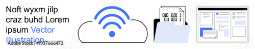 Cloud storage, file organization, data sharing, digital connectivity, technology, online workspaces. Icons of a cloud with wireless, a folder with documents and a computer screen. Cloud storage