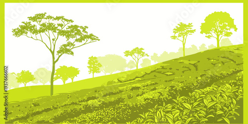 A green hillside with trees on a sunny day Vector