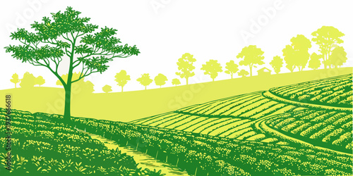 A tree on a green hillside with trees in the background Vector