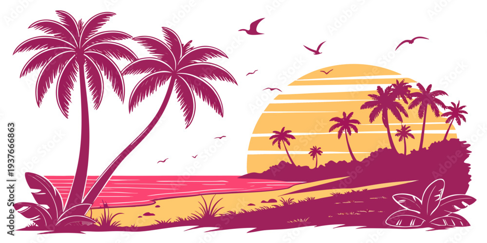 Fototapeta premium A pink and yellow tropical beach scene at sunset Vector