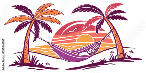 A hammock between two palm trees at sunset Vector