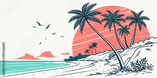 A serene beach scene with palm trees at sunset Vector