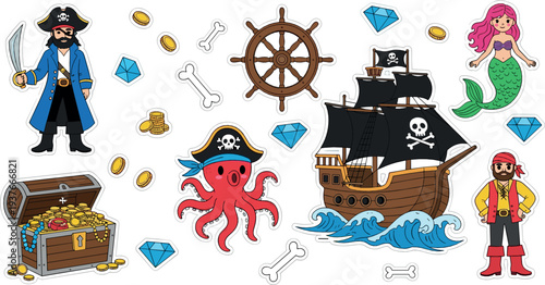 Pirate adventure cartoon vector illustration set with treasure chest ship octopus mermaid captain and nautical elements