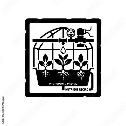 black and white icon featuring a water droplet and root system, representing automated drip irrigation, hydroponic precision, and smart nutrient delivery for indoor farming