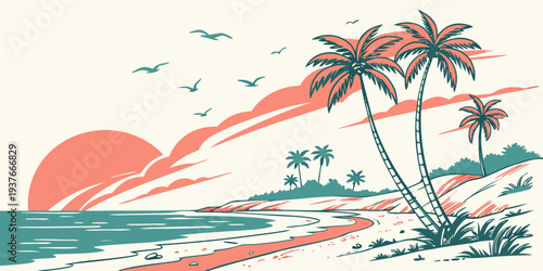 A serene beach scene with palm trees at sunset Vector