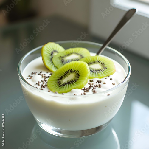Minimalist Coconut Yogurt with Kiwi on Glass in Soft Light