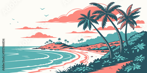 A serene beach scene with palm trees and a colorful sky Vector