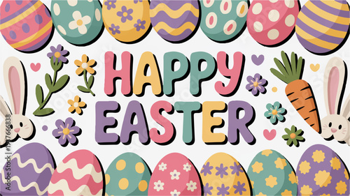 Colorful easter eggs and bunnies celebrate happy easter with vibrant flowers and carrot on white background