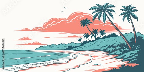 A serene beach scene with palm trees at sunset Vector
