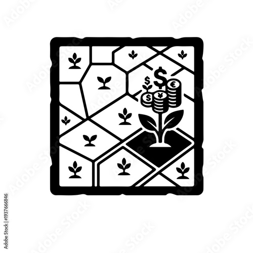 Professional black and white icon featuring a land plot or map combined with a currency symbol and growth chart, representing agricultural profitability analysis and crop yield financial reporting