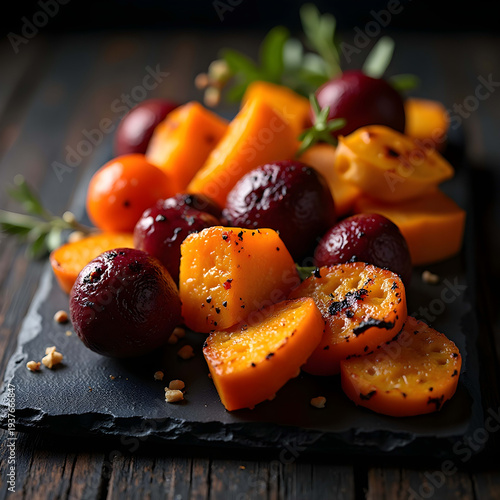 Minimalist Roasted Vegetable Medley on Black Slate in Dramatic Light