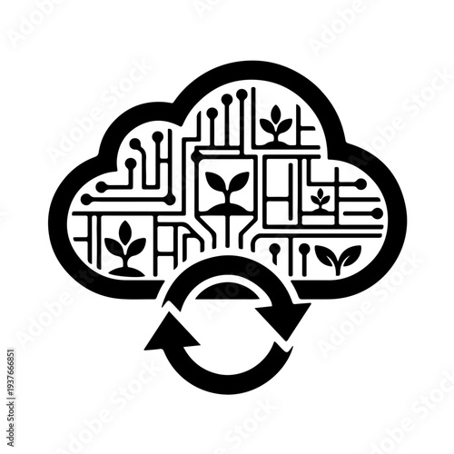 black and white icon featuring a cloud integrated with a leaf or sprout, representing secure agricultural data synchronization, cloud-based farm management, and remote data access