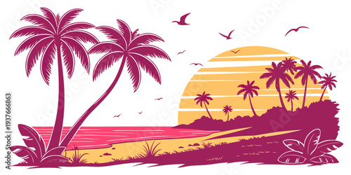A pink and yellow tropical beach scene at sunset Vector