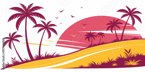 A pink and yellow tropical sunset with palm trees Vector