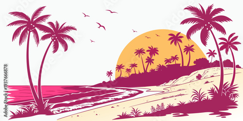 A pink and yellow beach scene with palm trees Vector