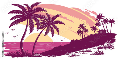 A tropical island with palm trees at sunset Vector