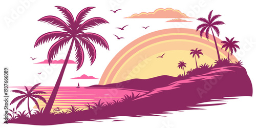 A pink and yellow tropical island scene with palm trees at sunset Vector