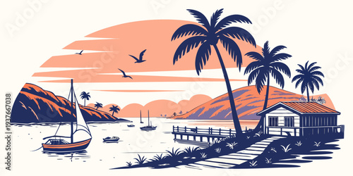 A serene tropical beach scene at sunset with palm trees and a small boat Vector