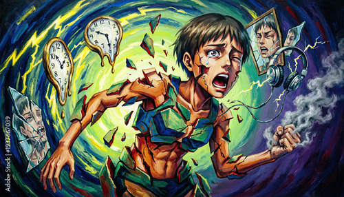 Abstract expressionist painting merging swirling impasto with Cubist fragmentation, depicting an anime-proportioned figure. Generative AI