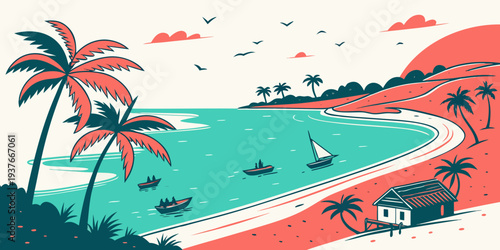 A colorful beach scene with palm trees and boats Vector