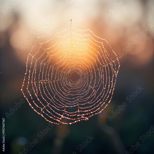 Glistening Spiderweb Macro with Morning Dew and Soft Bokeh