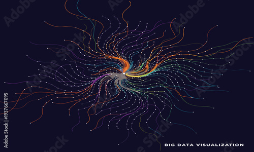 Abstract explosion of colorful connected dots radiating from a central point on a dark background