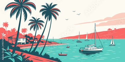 A serene tropical bay with boats and palm trees Vector