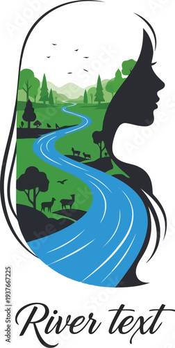 Creative Woman Silhouette with River Landscape, Nature Double Exposure Vector Illustration