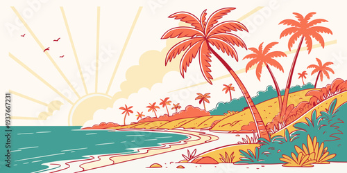 A colorful illustration of a tropical beach at sunrise Vector