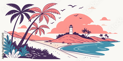 A serene beach scene with a lighthouse and palm trees Vector