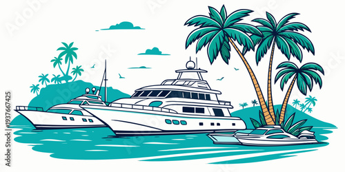 Yacht floating on water near a tropical island Vector