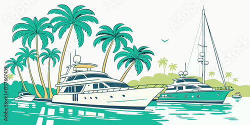 Boats floating on a tropical sea near palm trees Vector