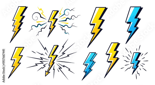 Set of cartoon lightning bolt icons in various styles with outlines