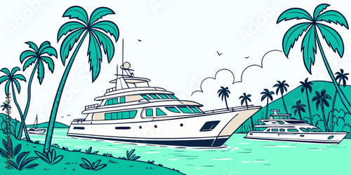 A large white boat is docked in a tropical bay with palm trees Vector