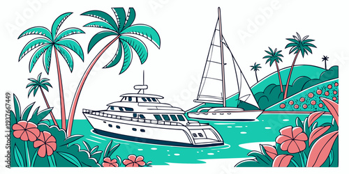 A white boat sailing through a tropical bay with palm trees Vector