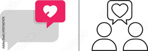 A diverse set of minimalist vector icons featuring speech bubbles with hearts, user profiles, and exchange arrows in black, red, and pink, representing digital romance and social interaction.