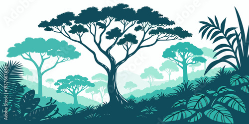 A serene forest landscape with trees and foliage in shades of green Vector