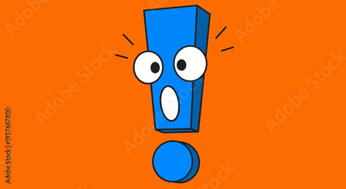 A cartoon exclamation mark with a surprised expression on an orange background.