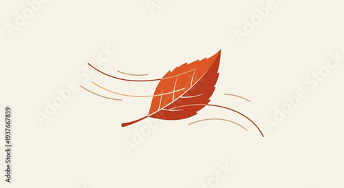 Vibrant red autumn leaf blowing gently in the wind.