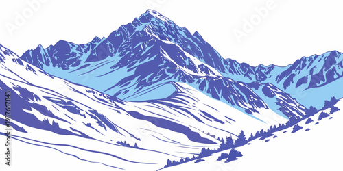 A blue and white pixelated image of a snow covered mountain range Vector