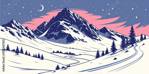 A serene snowy mountain landscape under a starry night sky Vector