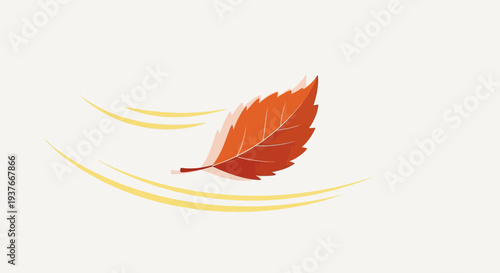 Single autumn leaf blowing in the wind with dynamic lines on a bright studio light background