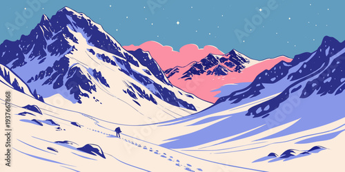 A pixel art snowy mountain landscape at sunset Vector