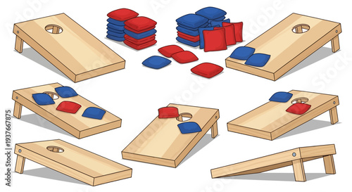 Cornhole game illustration wooden boards red and blue bean bags and outdoor fun