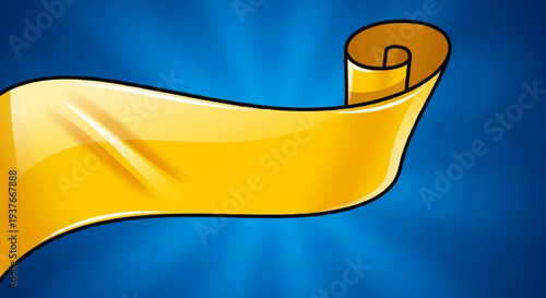 Golden ribbon curled and rolled on blue background.